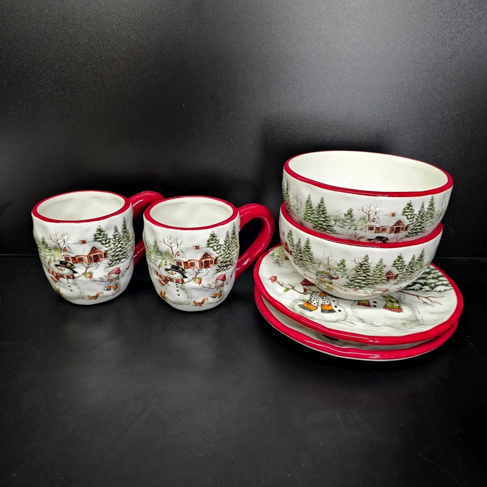 Certified International Dinnerware Set Multicolor Snowman Winter Cabin Christmas